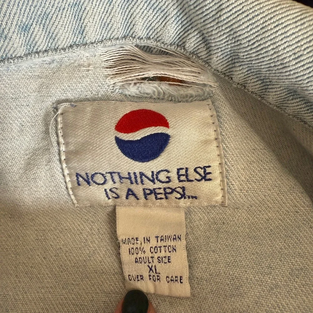 Vintage Pepsi Cola Denim Jean Jacket Long Sleeve‎ Coat Light Wash Distressed XL